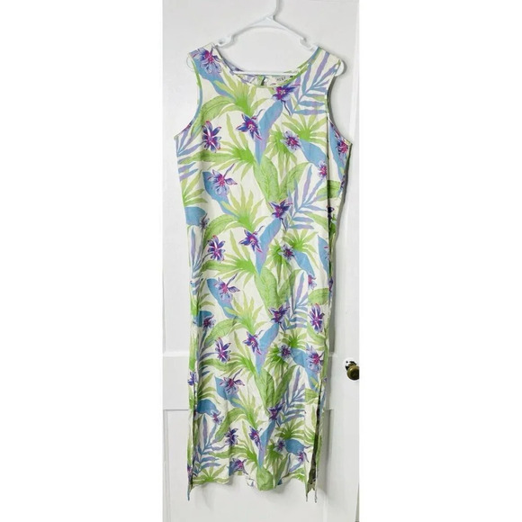 Vtg Reef Island Silk Dress L Hawaiian Floral Palm Straight Midi Side Slit Resort - Picture 1 of 13